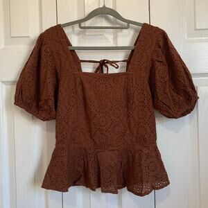 Band of the Free (FKA Band of Gypsies) brown smocked eyelet boho top XS